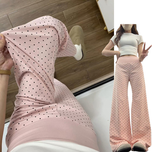 韩系甜美感粉色波点裤女夏季2026新款慵懒舒适垂感翻腰喇叭休闲裤