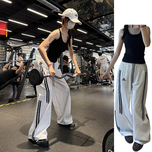 侧条纹速干运动裤女夏季2026新款美式松弛感辣妹高街刺绣条纹卫裤