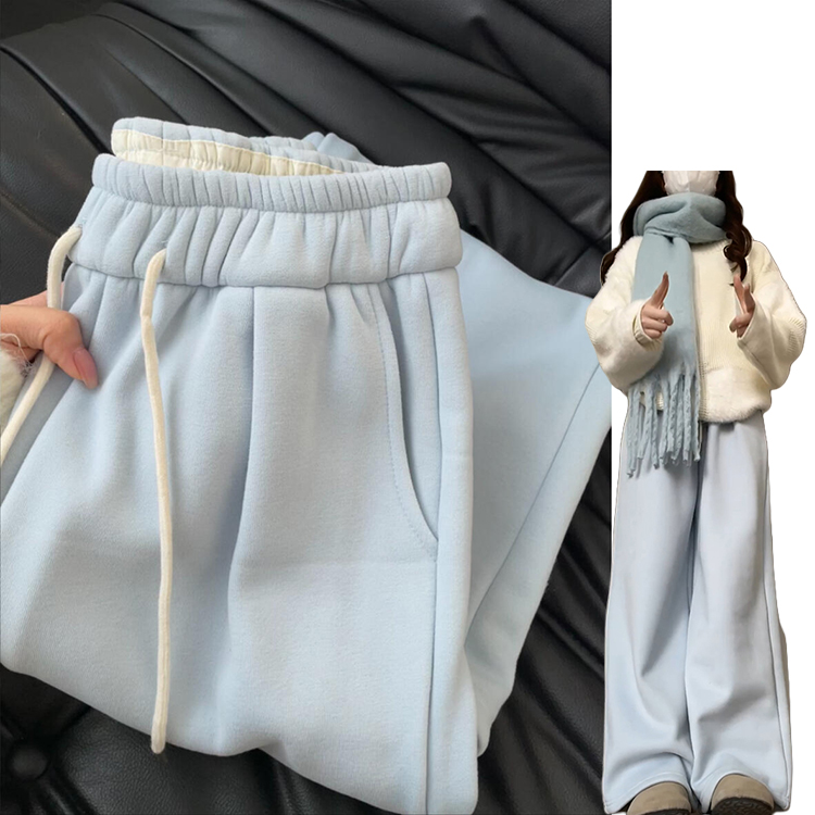 蓝色韩系小清新奶芙山本裤女秋冬季2025新款小个子加绒垂感拖地裤