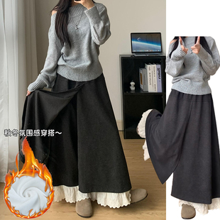 加绒加厚休闲蕾丝花边裙裤 韩系设计感拼接阔腿裙裤 女秋冬2025新款