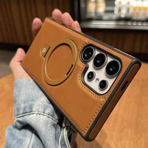 高档皮质支架适用三星S25ultra手机壳新款磁吸支点壳Galaxys25保护套s24u高级感s23+全包防摔s22商务男女外壳