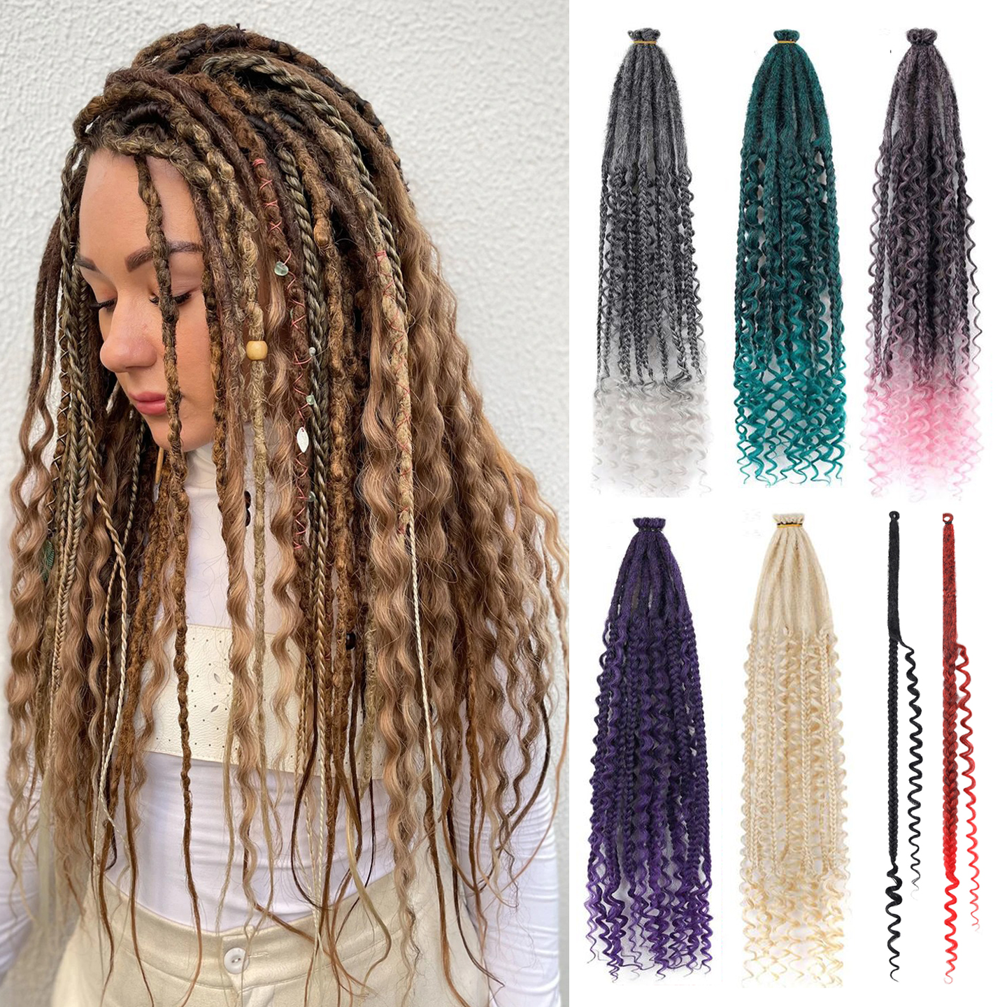 街舞雷鬼假发女单根飘丝毛毡脏辫钩针发长卷发假发Crochet hair