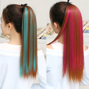 酒红色彩色挑染假发辫女系带长直发假马尾假发片增量卷发马尾辫子