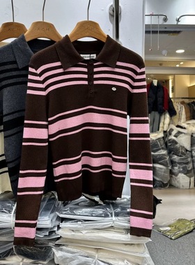 NICE奈斯8581正版冬季新款韩版半纽扣翻领撞色条纹羊毛针织衫女装