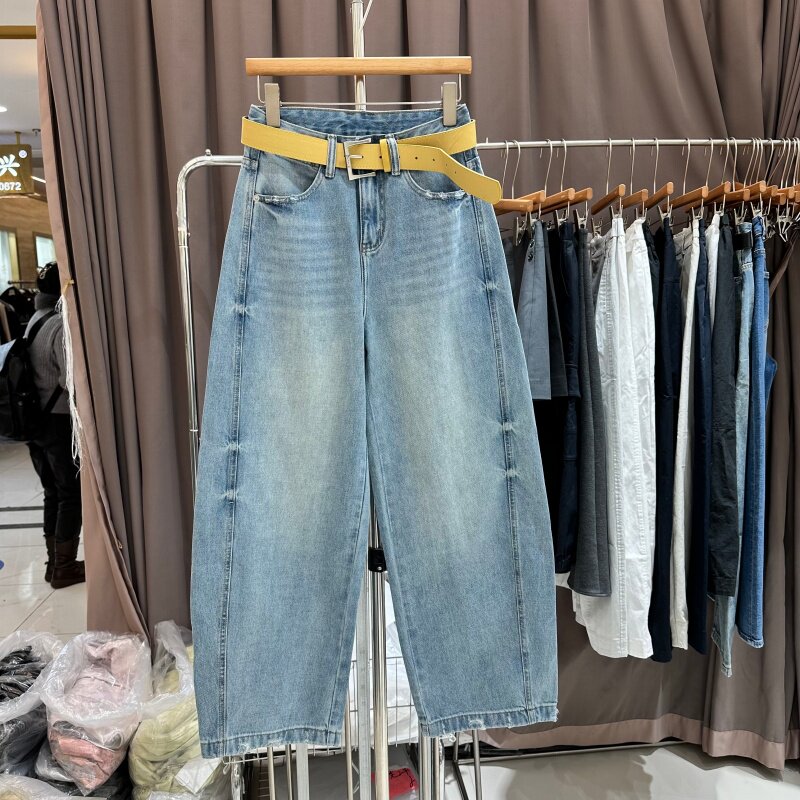 欧洲站2026年春季新款复古水洗磨破设计师款弯刀阔腿牛仔裤女长裤