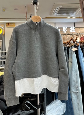 独秀DX25S561正版冬季新款韩系下摆拼接衬衫显瘦假两件灰色卫衣女