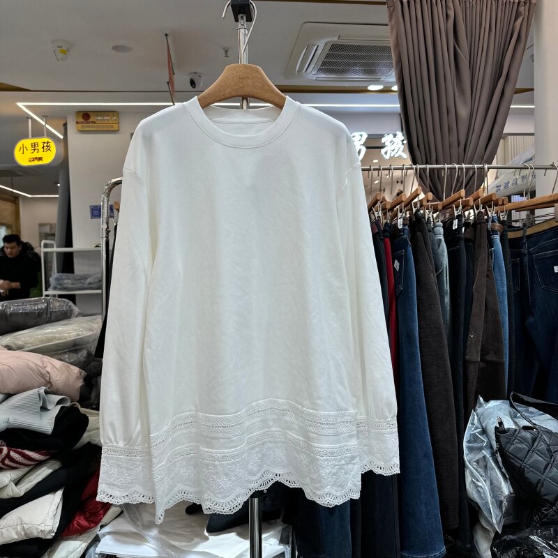 ONE12521C正版冬季新款韩版拼接蕾丝花边中长款白色T恤衫上衣女装