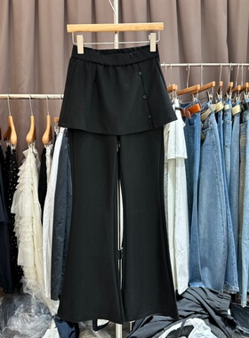 E.ONE6025正品春季新款时尚假两件显瘦屁帘微喇叭休闲裤女长裤潮