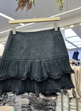 MOZR52576正版冬新款韩版拼接针织木耳边毛呢半身裙女超好看短裙