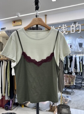 JIN.XI今喜06360正版夏季新款韩系拼接吊带假两件通勤T恤衫上衣女