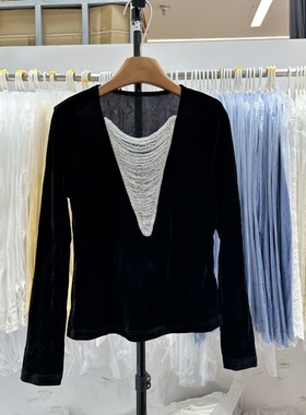 20296年早春新款韩系时尚重工艺钉珠年会款高级感丝绒小衫上衣女