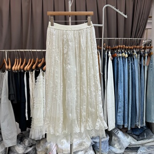松紧腰显瘦百搭中长款 锦彩96257正品 韩版 新款 蕾丝边半身裙女 春季