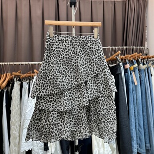 2026年春季新款韩版时尚工艺层层荷叶边不规则洋气豹纹半身裙女裙