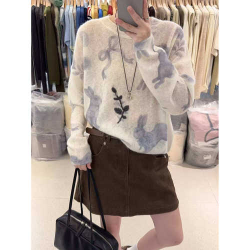 法式慵懒兔子印花女款针织衫