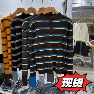 立领半纽扣条纹细羊毛针织打底衫 NICE奈斯8556正版 韩版 新款 女 冬季