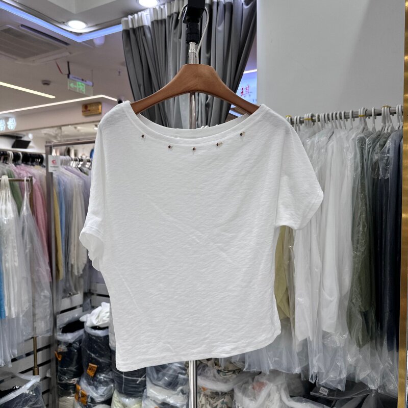 HMY32198正版夏季新款韩系铆钉设计一字领拉肩蝙蝠袖T恤衫上衣女