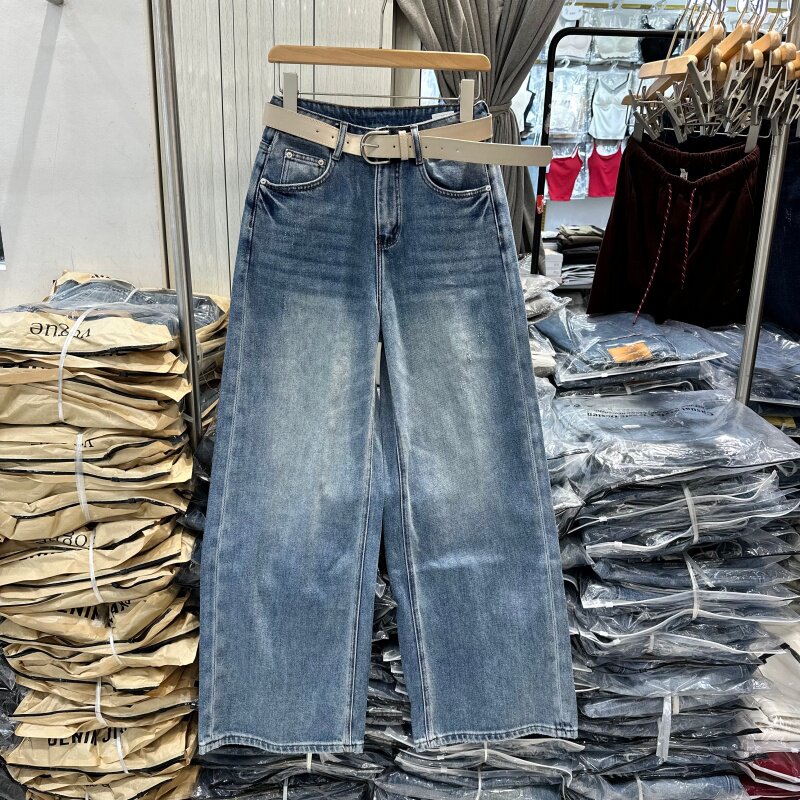 欧洲站2026年春季新款复古水洗磨破宽松显瘦百搭阔腿牛仔裤女长裤