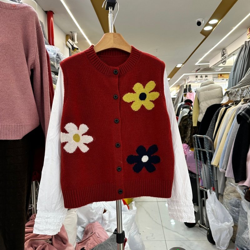 韩系拼接衬衫袖假两件针织衫