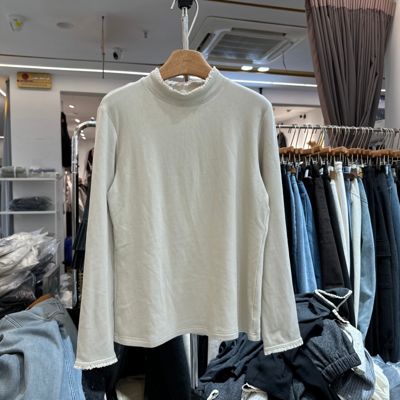 韩版蕾丝花边加绒T恤打底衫