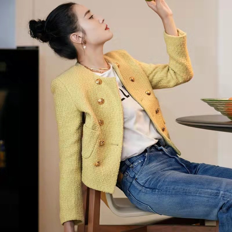 小香风双排扣羊毛呢编织黄色短外套女秋冬粗花呢修身时尚小西服,女装/女士精品,短外套,淘宝优惠券,粉丝福利购,淘宝优惠卷
