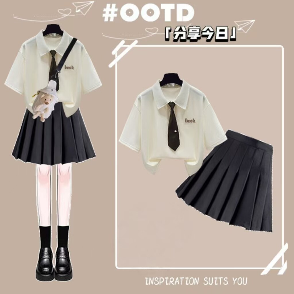 女童夏季套装2026新款中大童Polo衫短袖小个子百褶短裙学院两件套