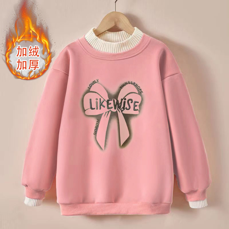 女童新款纯棉卫衣加绒加厚长袖中大童假两件宽松一体绒秋冬装上衣