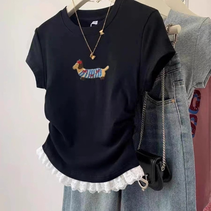 女童2026新款短袖夏季T恤纯棉儿童褶皱蕾丝收腰薄款短款修身上衣