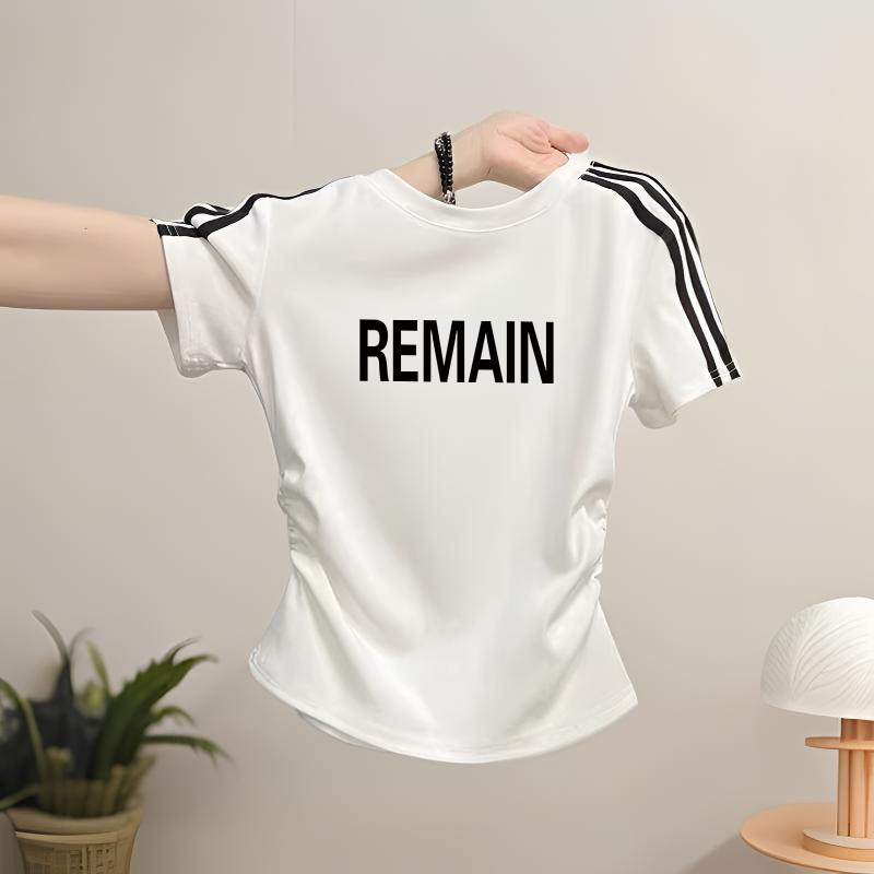 女童2026新款夏季套头圆领短袖T恤儿童收腰修身短款字母图案上衣