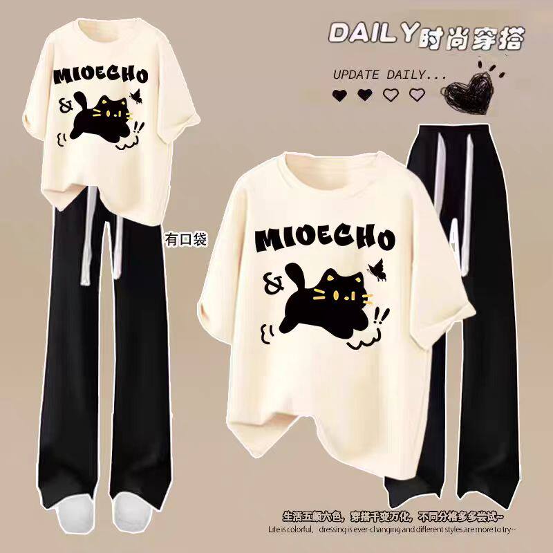 女童纯棉短袖t恤套装2026夏季新款韩版卡通猫咪初中生长裤两件套