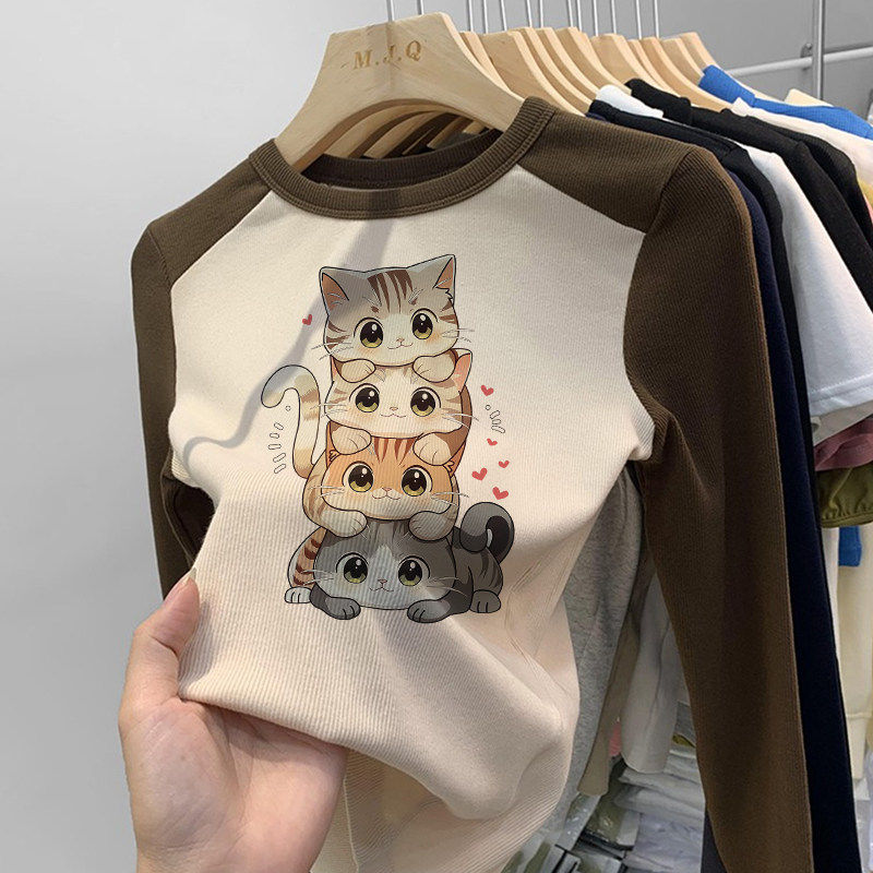 女童莫代尔纯棉印花长袖打底衫春秋冬修身上衣圆领插肩袖撞色T恤