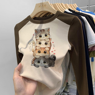 女童莫代尔纯棉印花长袖打底衫春秋冬修身上衣圆领插肩袖撞色T恤