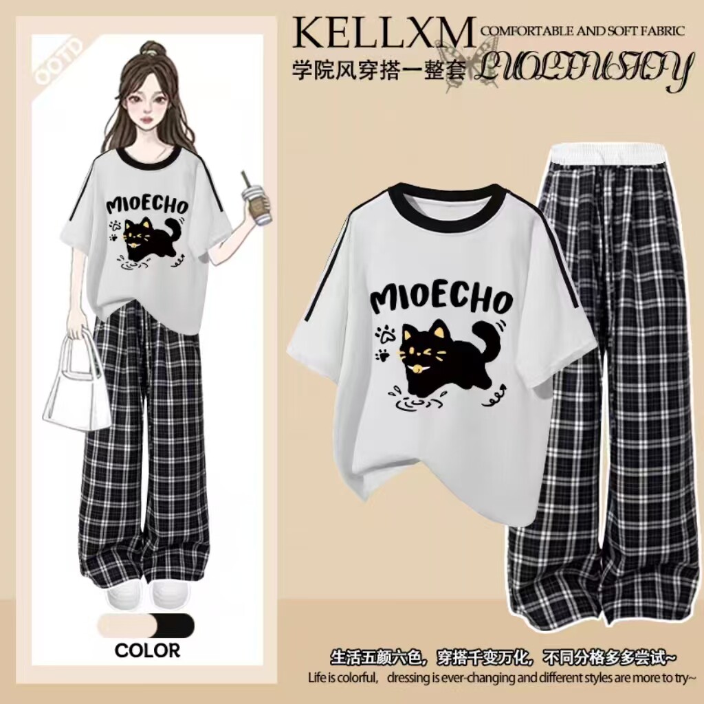 女童套装2026年夏季新款纯棉短袖t恤休闲长裤两件套中大童阔腿裤