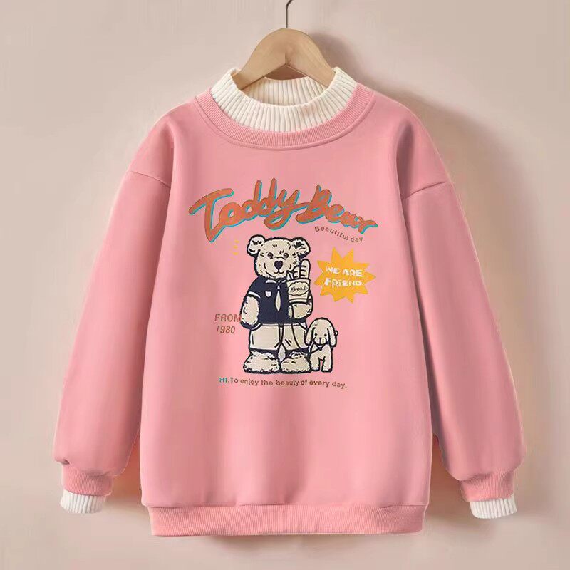 女童秋冬季新款纯棉卫衣宽松一体绒假两件长袖加绒加厚中大童上衣