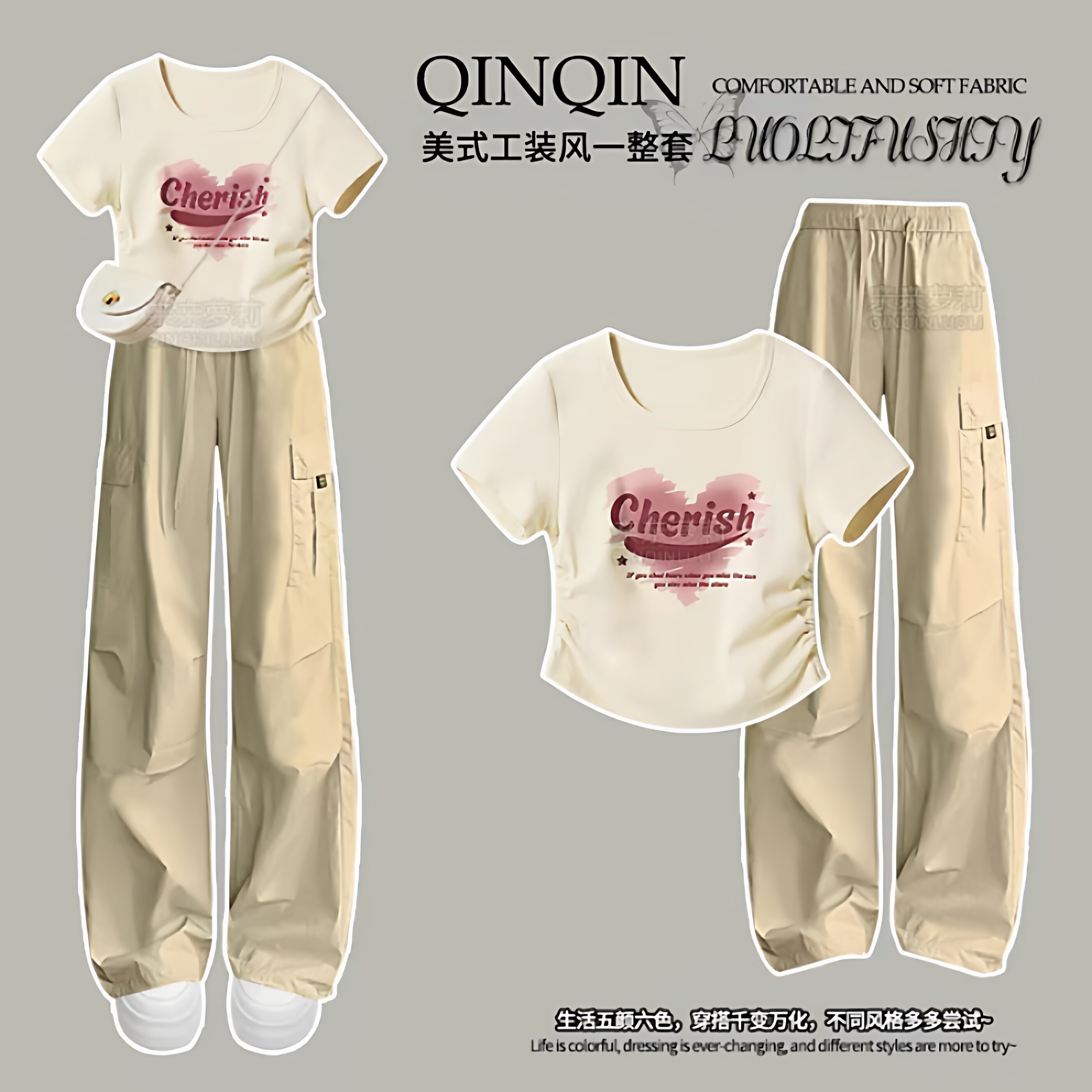 女童2026夏季新款运动风学生皱褶短袖两件套夏装阔腿裤工装裤套装