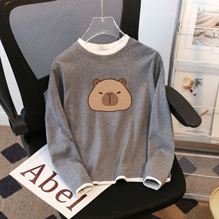 女童纯棉长袖2026春秋季新款假两件撞色T恤儿童修身女孩韩版上衣