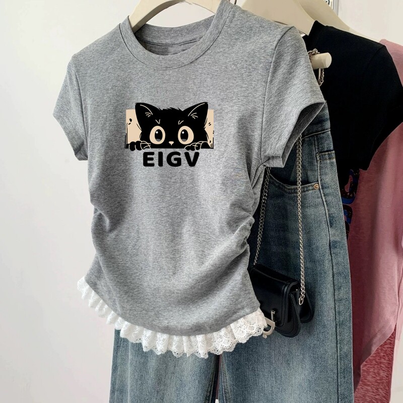 女童夏季T恤2026新款纯棉短袖儿童褶皱收腰印花短款修身圆领上衣