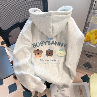 女童新款春秋季韩版长袖可爱小狗连帽卫衣慵懒风宽松儿童加绒上衣