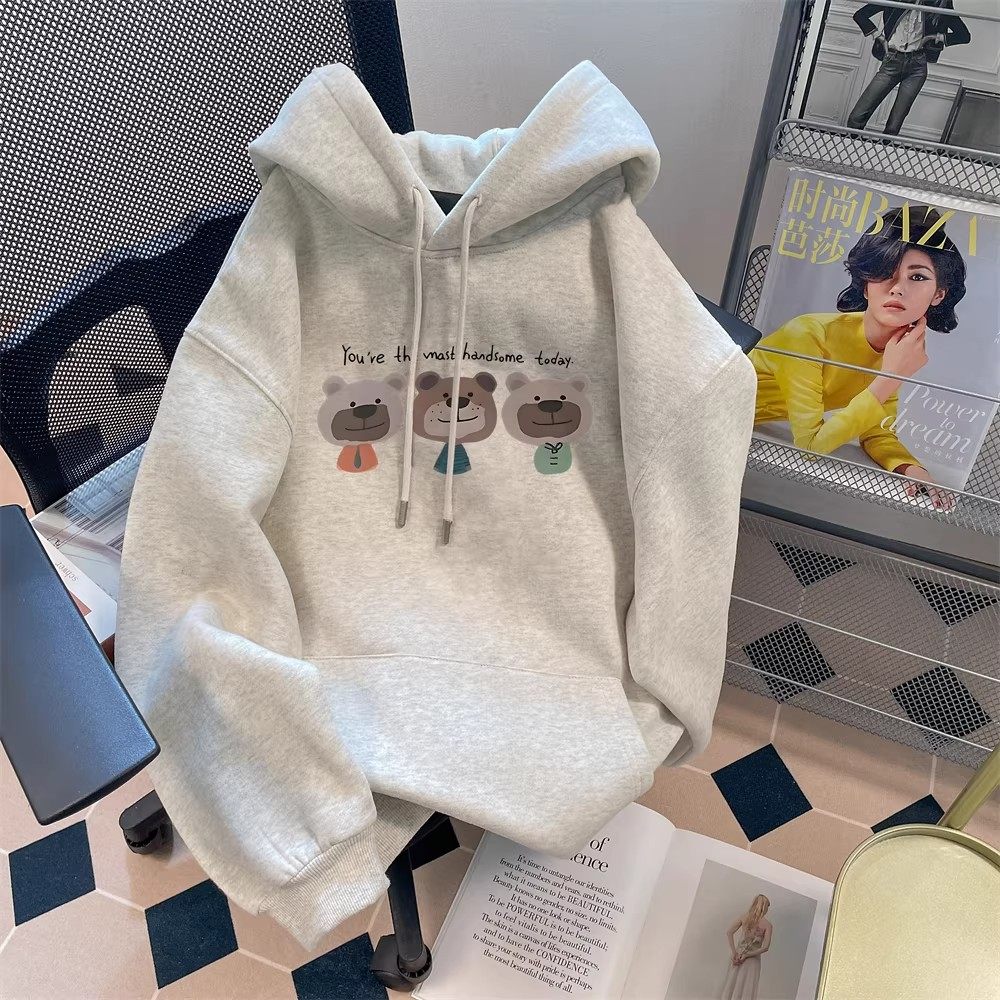 女童新款春秋冬加绒长袖卡通小熊卫衣韩系慵懒松弛感儿童连帽上衣