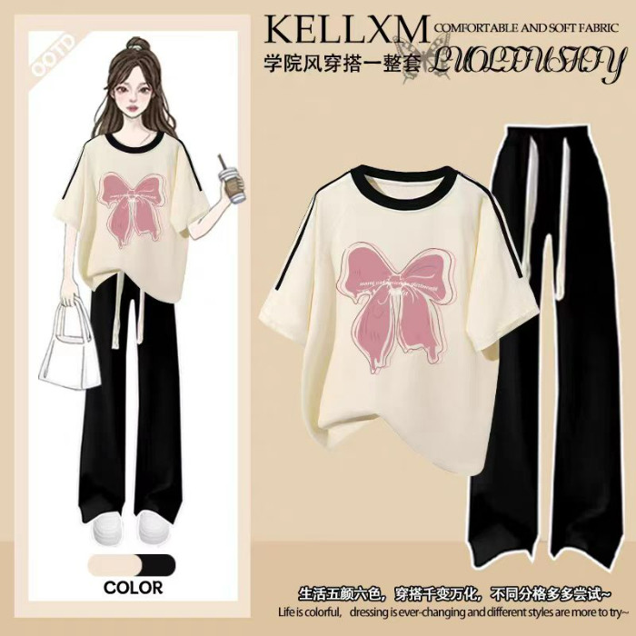 中大童2026夏季新款纯棉女童套装休闲风两件套短袖T恤阔腿裤