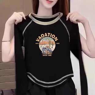 女童内搭上衣纯棉加绒春秋撞色奥绒打底衫时尚修身t恤2025年新款