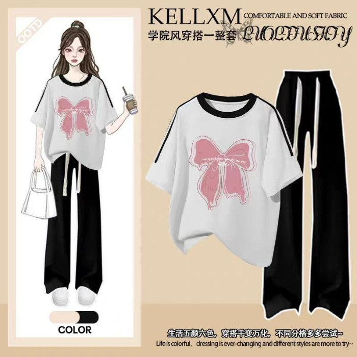 女童2026新款夏季时尚套装中大童短袖T恤休闲运动风阔腿裤两件套