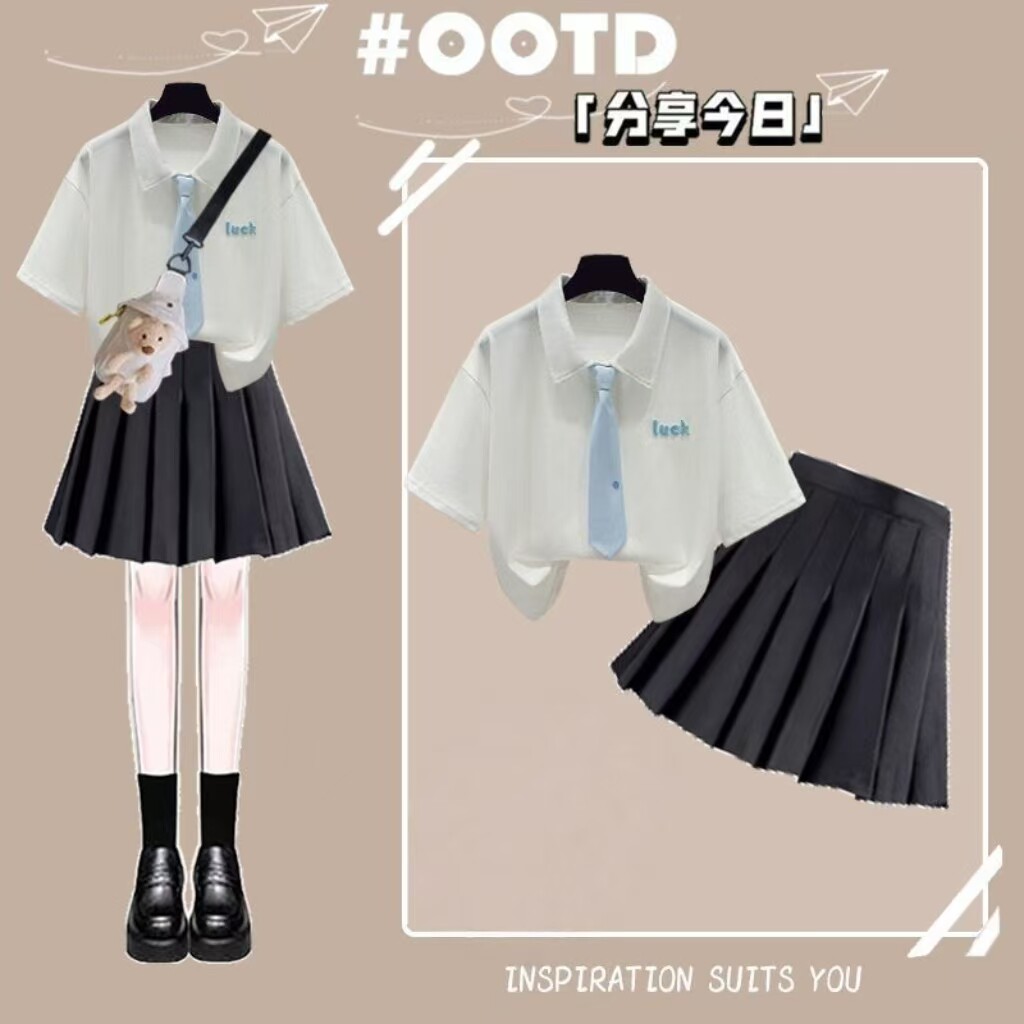 女童夏季2026新款套装中大童学院风两件套Polo衫纯棉短袖百褶短裙