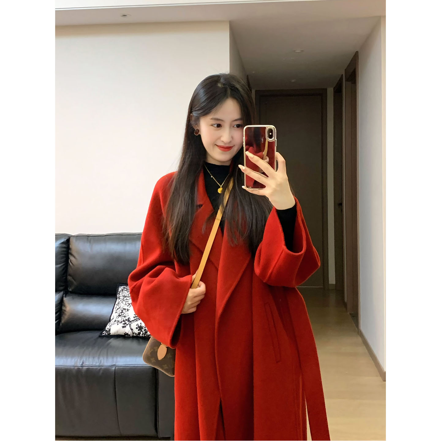 韩系红色宽松羊毛呢子外套女秋冬气质小个子中长款高级感双面大衣