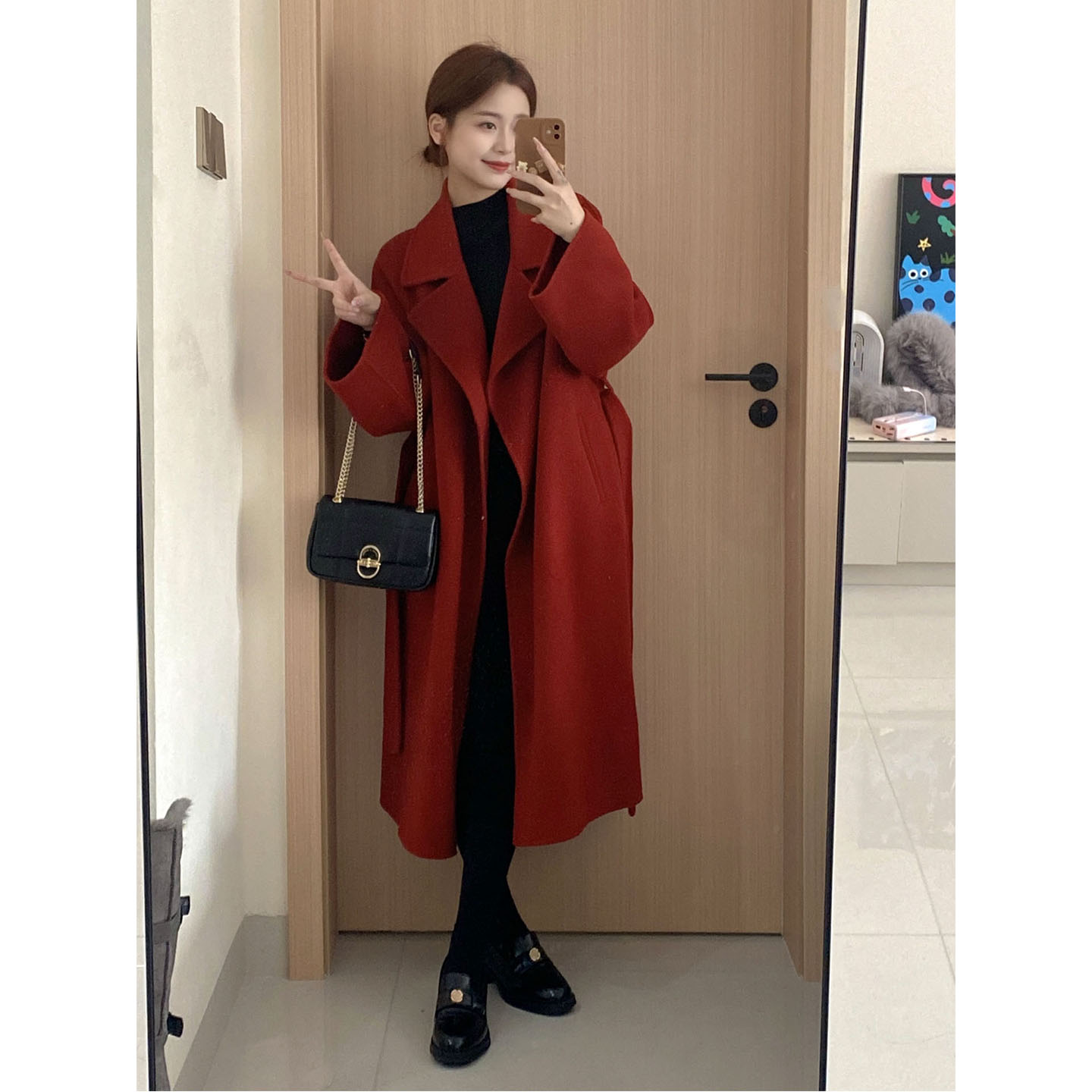 红色双面羊毛大衣女2026新款秋冬季韩系气质高级感中长款毛呢外套