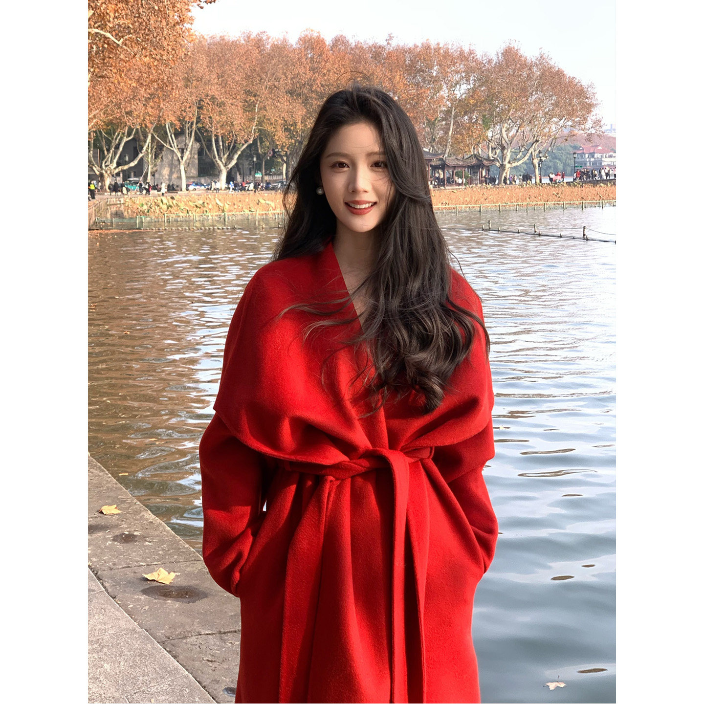 高级感红色双面大衣女2026新款秋冬季气质收腰中长款羊毛呢子外套