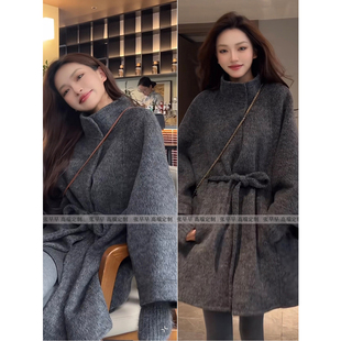 双面羊绒大衣女款2025新款秋冬季高级感小个子立领灰色羊毛呢外套