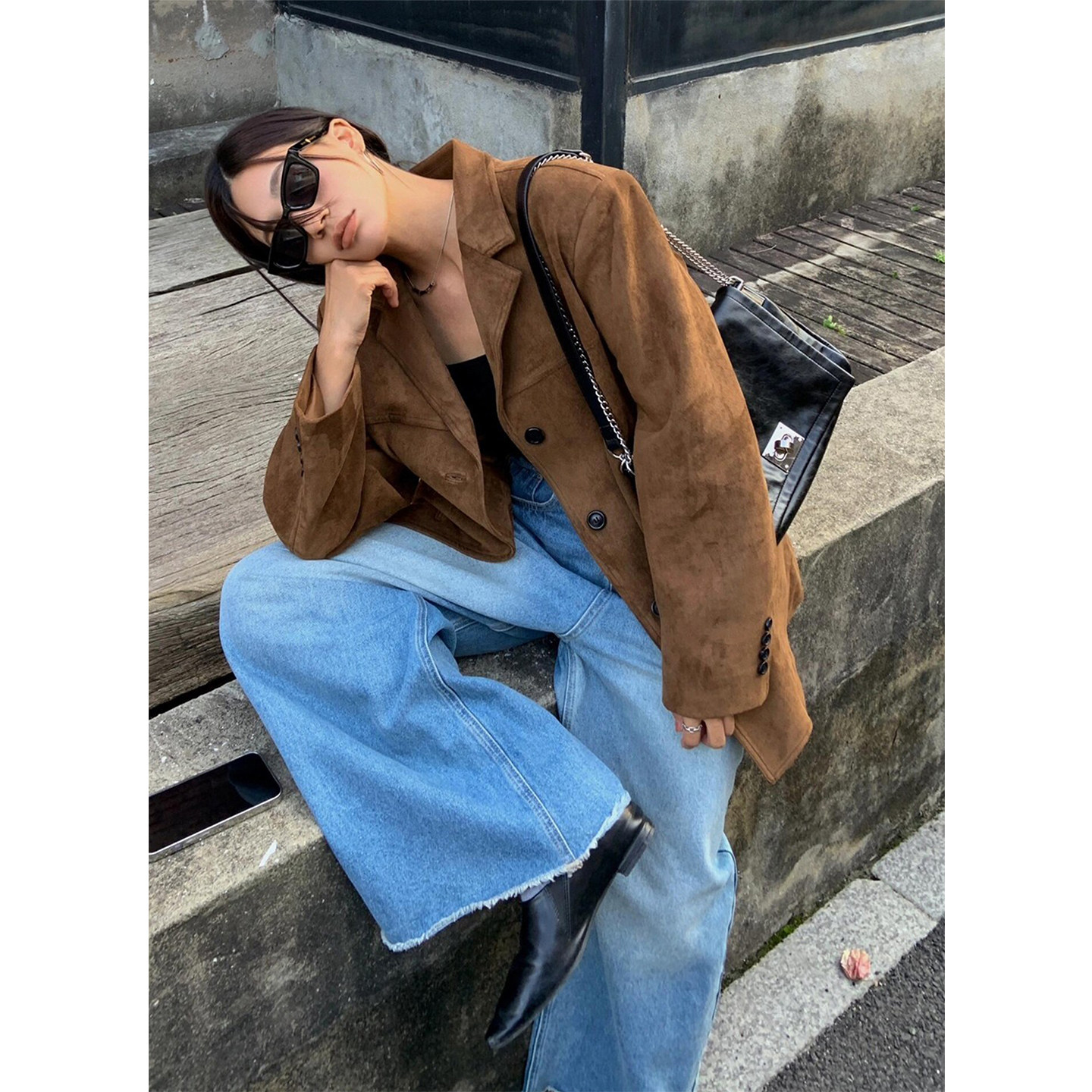 超好看炸街宽松休闲西装外套女2026新款棕色麂皮绒气质名媛高级感