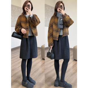格子双面羊绒大衣女款2025新款秋冬季高级感短款小个子羊毛呢外套