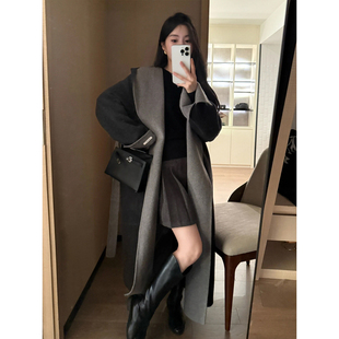 连帽双面羊绒大衣女款2025新款秋冬季高级感灰色中长款羊毛呢外套