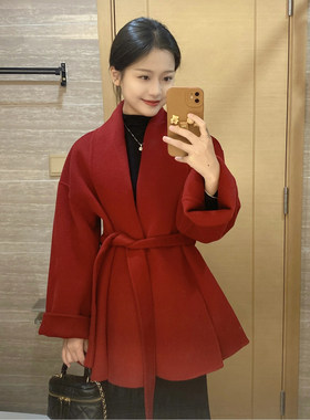 红色翻领双面毛呢子外套女收腰系带高级感短款小个子气质羊毛大衣